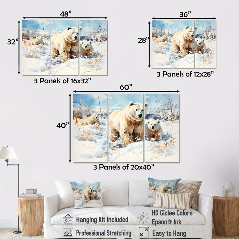 Ours polaires neige en hiver II - ours 2, art mural, H 28 po x l 36 po