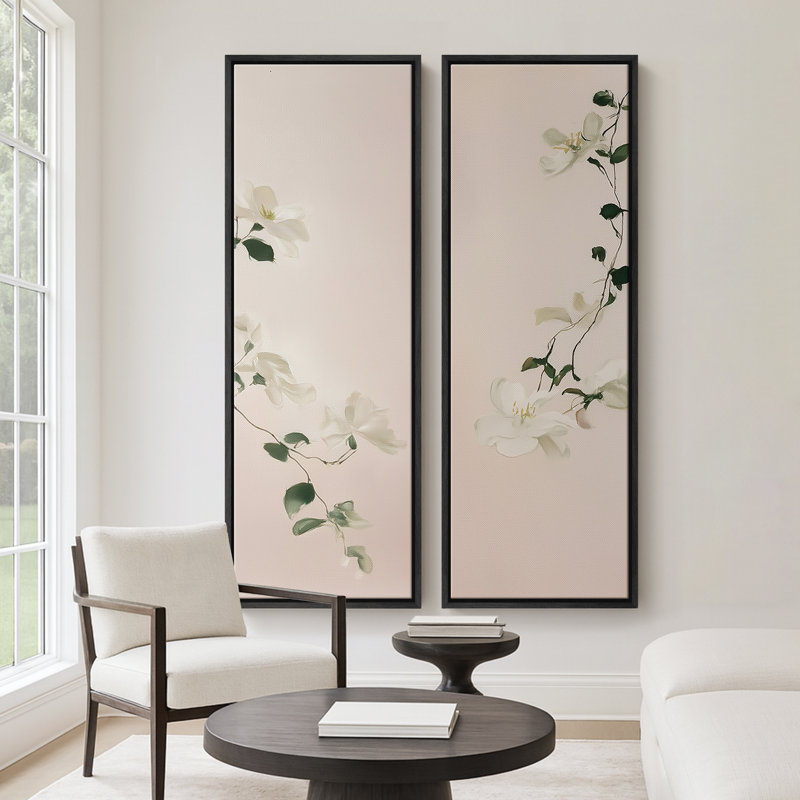 Douces branches de magnolia minimes sur fond rosé - ensemble de 2 reproductions d'art encadrées sur toile 60 po x 20 po x 2 pièces