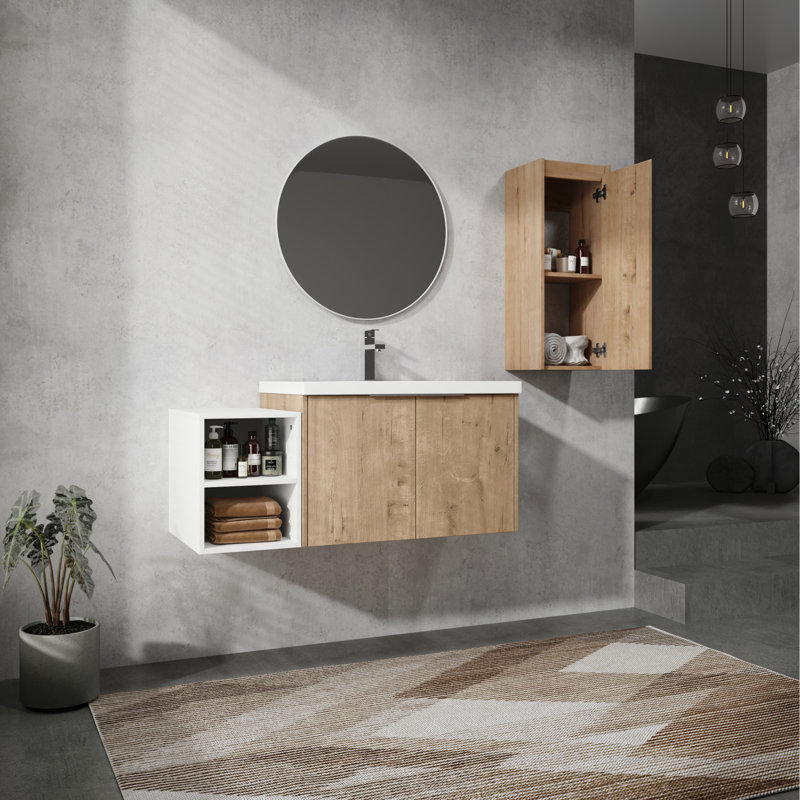 Meuble-lavabo mural moderne de 42 po avec lavabo, armoire latérale, portes à fermeture en douceur et conception Kd-emballage