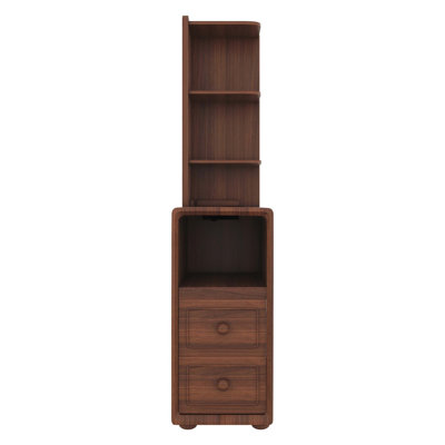 Table de bout fonctionnelle avec tiroirs et tablettes ouvertes, parfaite pour les coins de la chambre à coucher et offrant un grand espace de rangement