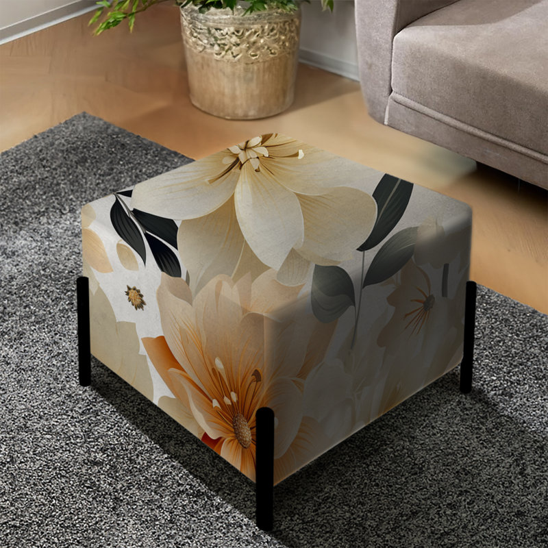 Repose-pieds carré orange et beige à motif floral Fusion I