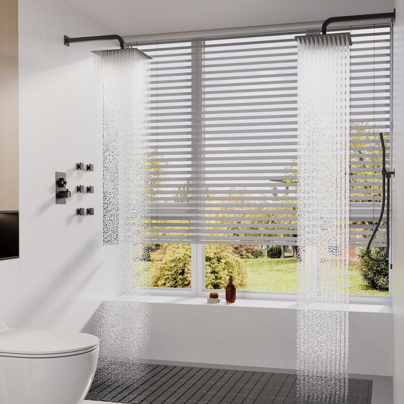 Système de douche thermostatique à double pomme de douche avec douchette intégrée et douchette pour la douche, Noir mat