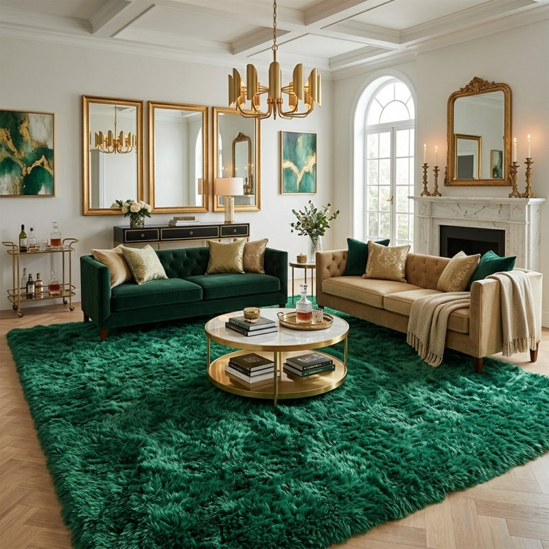 Tapis à poil long moelleux, idéal pour les salons, les chambres à coucher et les chambres d'enfants, Green