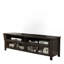 Base de console de style transitionnel avec armoire double et deux tablettes ouvertes en verre trempé de 3 mm sur les portes de l'armoire à l'arrière avec finition gris-129936045
