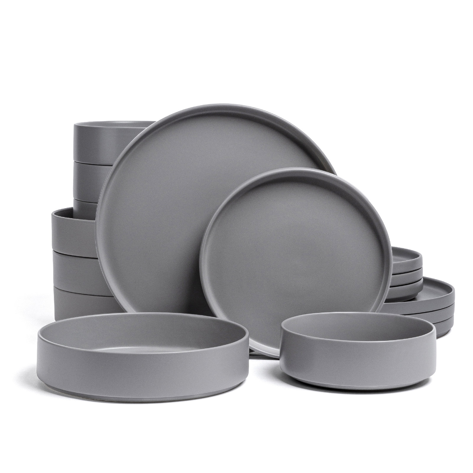 over&back Stackable 16-Piece Semi Hand-Finished Stoneware Dinnerware Set, Charcoal