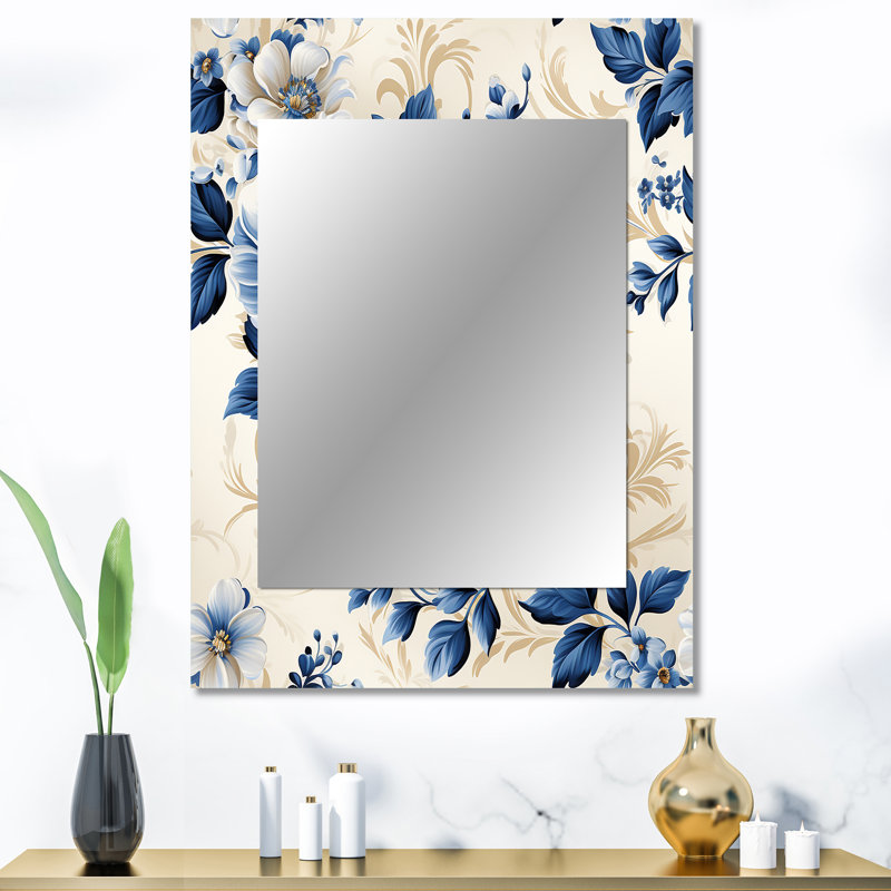 Motif de style victorien en treillis camée bleu de cobalt de Happy - miroir floral, miroir mural décoratif floral, impression d'art en métal