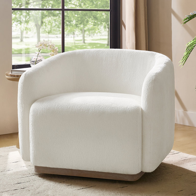Berklie 35"W Modern Boucle Chenille Swivel Armchair with Solid Wood Base, Ivory