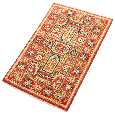 Tapis unique rouge / beige / gris en laine noué à la main de style années 2010 de 3 pi 1 po x 4 pi 11 po Haygaran
