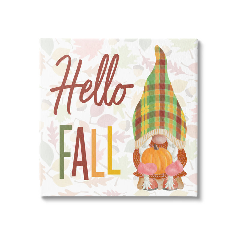 «Hello Fall Cozy Tartan Gnome» tenant une citrouille noire, estampe numérique, art texturé par Andi Metz, Toile tendue