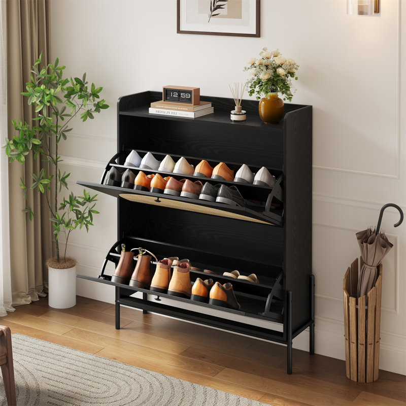 2-Drawer Wooden Shoe Cabinet With Rattan Doors / Narrow Freestanding Storage Organizer For Entryway, Black