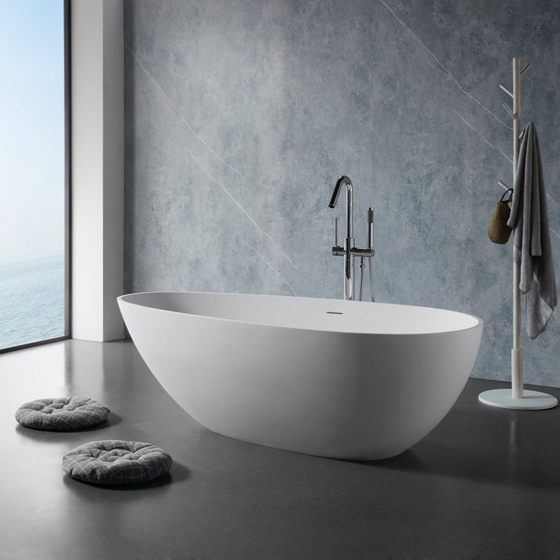67" Freestanding Solid Surface Bathtub, Luxury Engineered Stone Resin Freestanding Soaking Bathtub With Overflow And Pop-Up Drain For Contemporary Bathroom