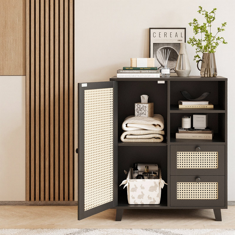 Rattan Buffet Cabinet With Drawers And Adjustable Shelf, Sideboard Storage Cabinet, Black