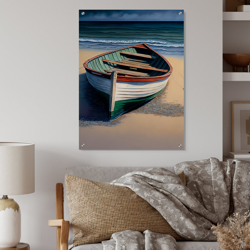 Bateau sur le bord de la mer II - art mural moderne bateau côtier, H 20 po x l 12 po