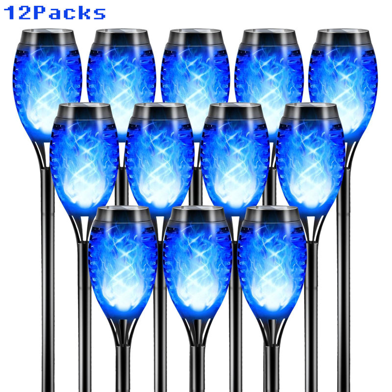 12 Packs 12LED Solar Tiki Torches with Flickering Flame, Auto On/Off,Blue