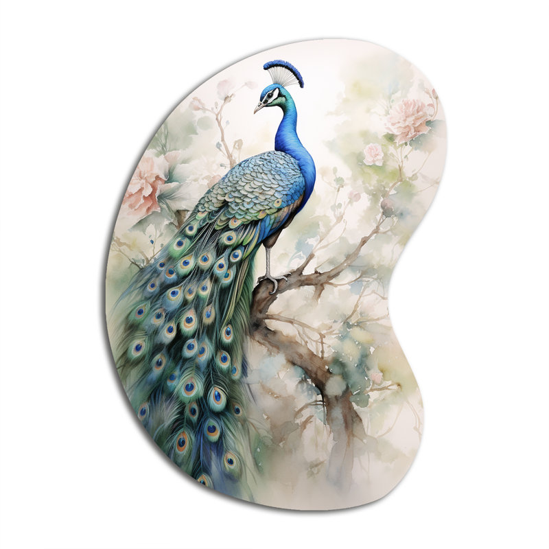 «Blue Ink Wash Peacock II» - art mural en métal asymétrique, reproduction de sculpture murale, H 31 po x l 22 po