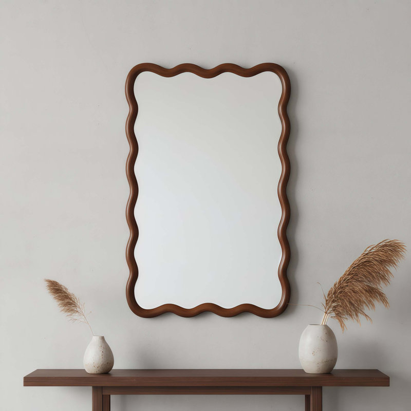 Rectangle Wood Frame Decorative Mirror with Irregular Lines, Natural Finish, Versatile Wall Mount for Bedroom Bathroom Living Room Entryway.