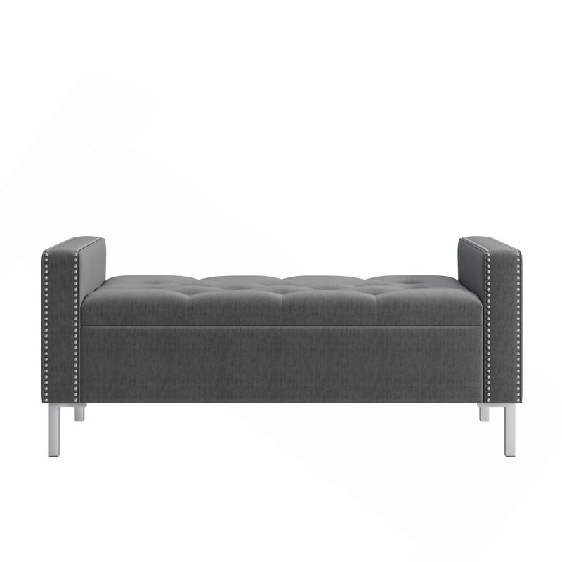 Banc de rangement carré à accoudoirs carrés avec garniture cloutée en étain et assemblage facile à connecter
