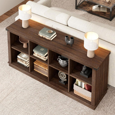 Farmhouse 8-Cube Storage Cabinet – Long Horizontal Wood Bookshelf with 2-Tier Organizer – Freestanding for Living Room, Entryway or Office