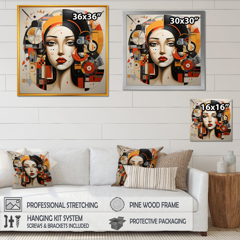 Cubiste jaune et noir, portrait de femme - cubisme, art mural, Toile tendue, H 36 po x l 36 po x P 1,5 po
