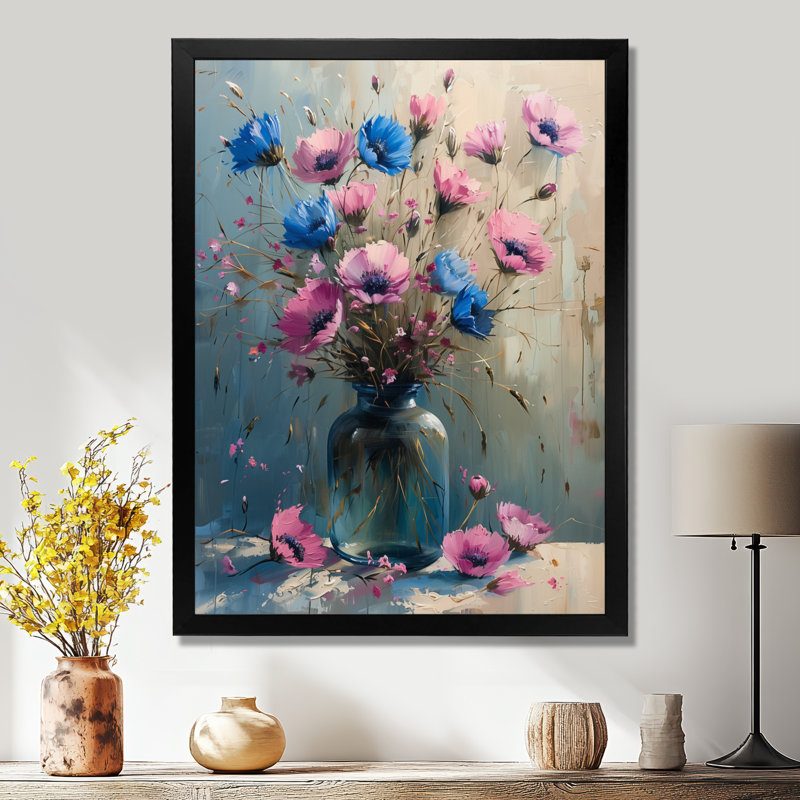  «Blue Pink Cornflowers Petals Grace II - Cornflowers», art mural, H 20 po x l 12 po x P 1 po, Toile encadrée noire simple