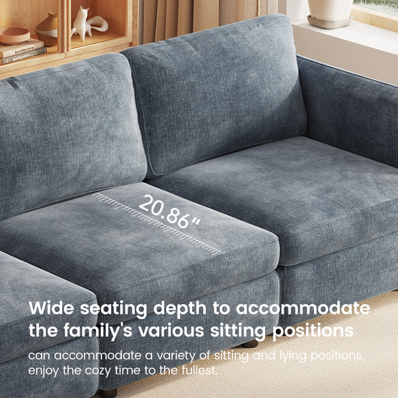 305cm Blue-Grey Modular Fabric Sofa, 4-Seater Deep Seat Sectional Sofa for Living Room