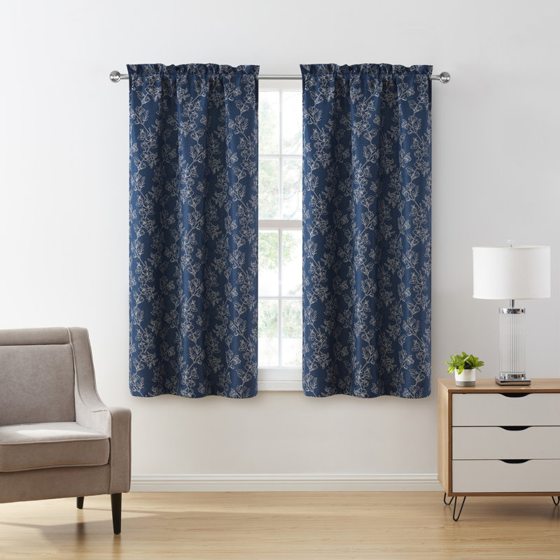 Carmen 2-Piece Floral Rod Pocket Curtain Panel Set, 38" W x 63" L, Navy