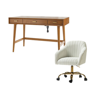 Adan Modern 2-Piece Desk Office Chair Set with Velvet Task Chair and Solid Wood Cable Management Computer Desk