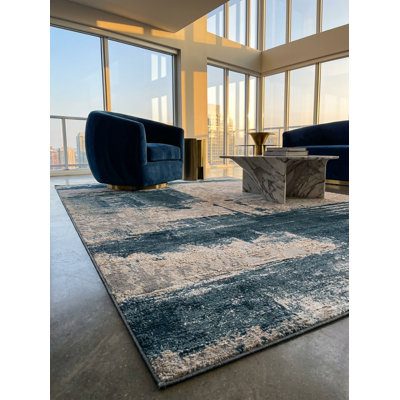 Tapis à motif abstrait bleu / beige 4 pi x 6 pi (3 pi 10 po x 5 pi 6 po) Branch Branch Terano, tapis contemporain, à poils moyens et résistant aux taches