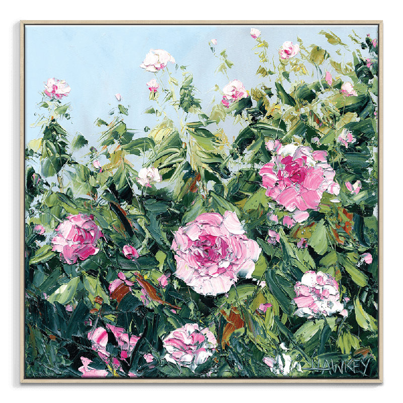 Pink Roses by Angela Hawkey - Painting, 102cm H x 102cm W x 5cm D, Brown Framed