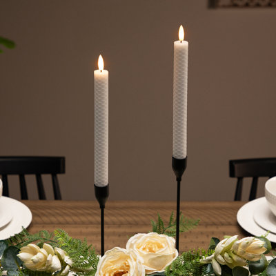 LED Flickering Flameless Taper Honeycomb Christmas Candles - 9.5" - White - Set Of 2