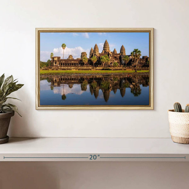 Angkor Wat Reflection, 13" X 9", Floating Frame Natural Wood