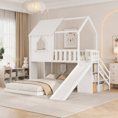 Twin Over Full Kids House Shaped Wooden Bunk Bed Frame, Playhouse Design with Slide and Storage Staircase