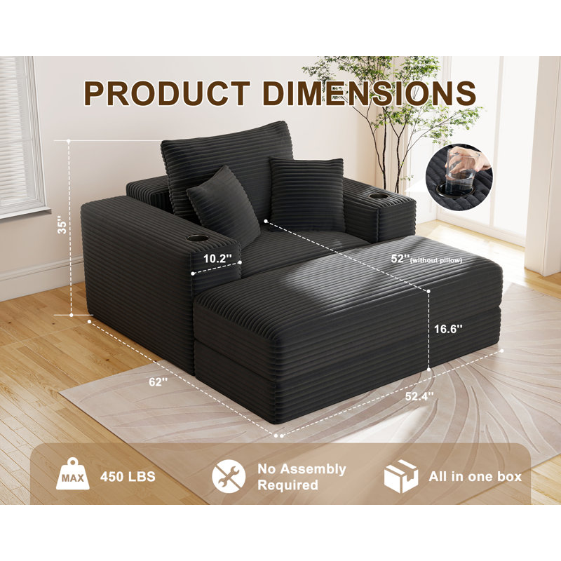 Fauteuil à billes en velours côtelé avec repose-pieds 62 po Big Compression, Velours côtelé noir