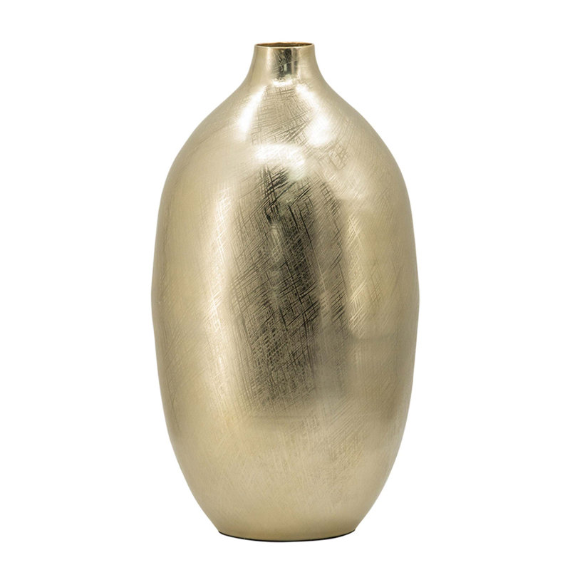 Vase décoratif en aluminium avec une texture dorée, une finition métallique, un design transitionnel intemporel pour un style polyvalent.