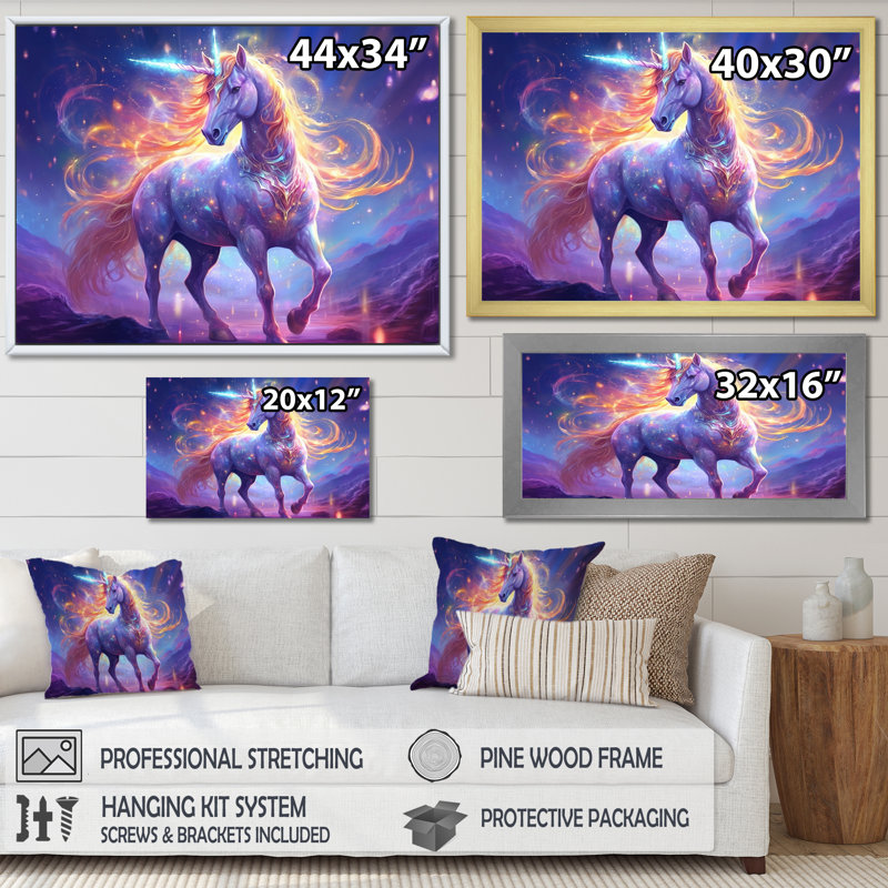 Impression sur toile Cosmic Purple Unicorn Magic I, Cadre flottant blanc, 30" H x 40" W