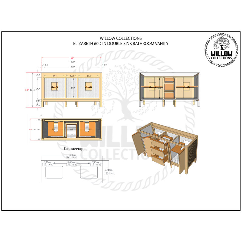 60'' Double Bathroom Vanity with Quartz Top, Carrara Quartz