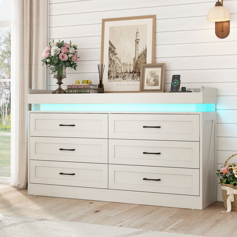 Commode 6 tiroirs avec lumière DEL et station de charge Katrein, Blanc