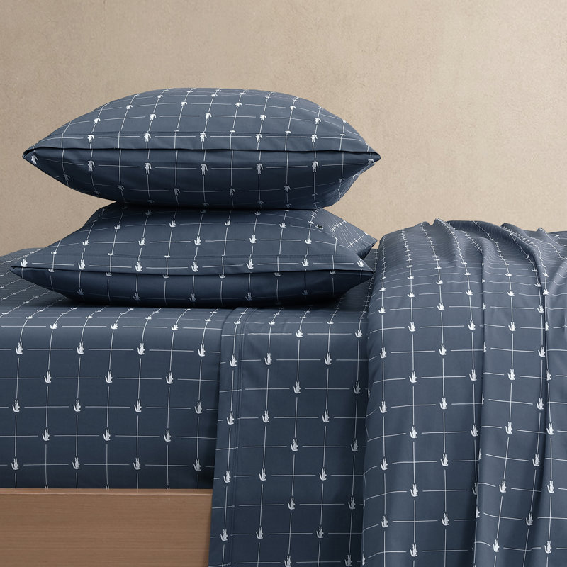 Lacoste Slice Cotton Percale Sheet Set, Cooling & Breathable Bedding, Deep Pocket Fitted Sheet, Printed Design, Vintage Indigo, Queen