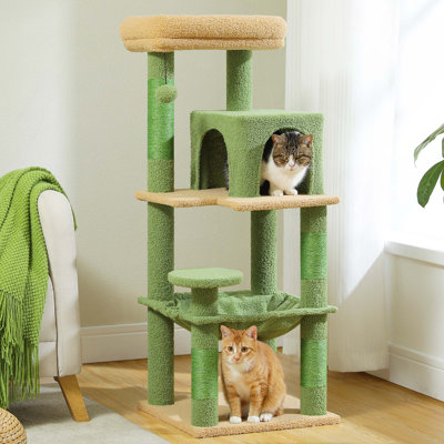 Arbre à chat d'intérieur à 5 niveaux avec hamac en métal, condo, perchoir supérieur et 4 poteaux à griffer