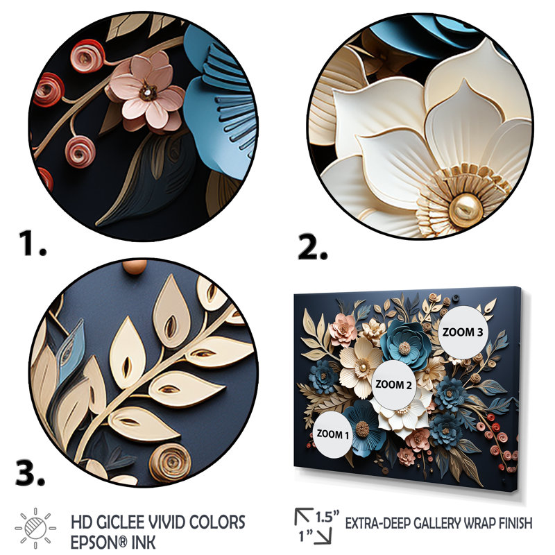 Bleu et or, charmantes fleurs printanières - art mural fleurs, H 24 po x l 32 po x P 1 po, Cadre flottant brun