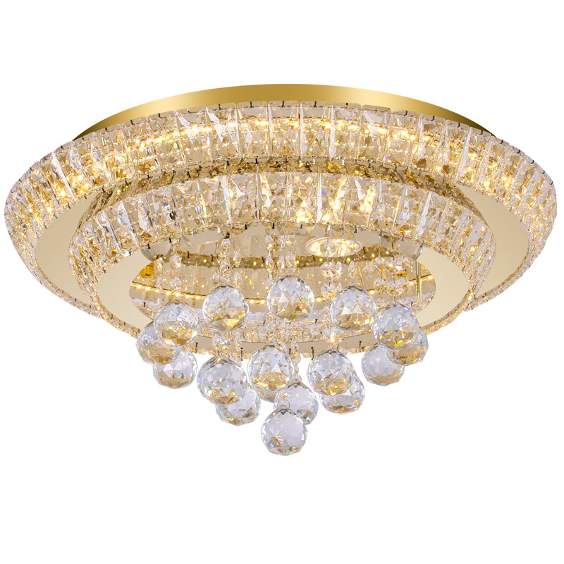Plafonnier encastré moderne en cristal à intensité variable 20 po avec télécommande, 20"⌀, Doré