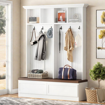 Arbre d'entrée 4 en 1 avec banc à grain de bois, portemanteau polyvalent avec 2 grands tiroirs, organisateur d'entrée pour le couloir et le salon, l 55,9 po
