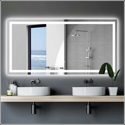 Miroir de salle de bain à DEL avec antibuée et capteur tactile - Miroir mural moderne sans cadre pour meuble-lavabo, salle de douche ou vestiaire