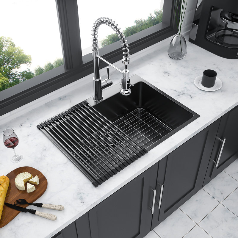 Évier de cuisine 30 po x 22 po à cuve simple encastrable en acier inoxydable de calibre 16 noir 30 po, Bronze industriel-noir