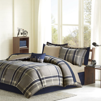 Queen Comforter With Navy Taupe Plaid Sheets. Contains Comforter, Shams, Pillow, Flat Sheet, Fitted Pillowcases. Filling. Steam Iron For Crisp . Bedroom Graceful Smooth Perfection