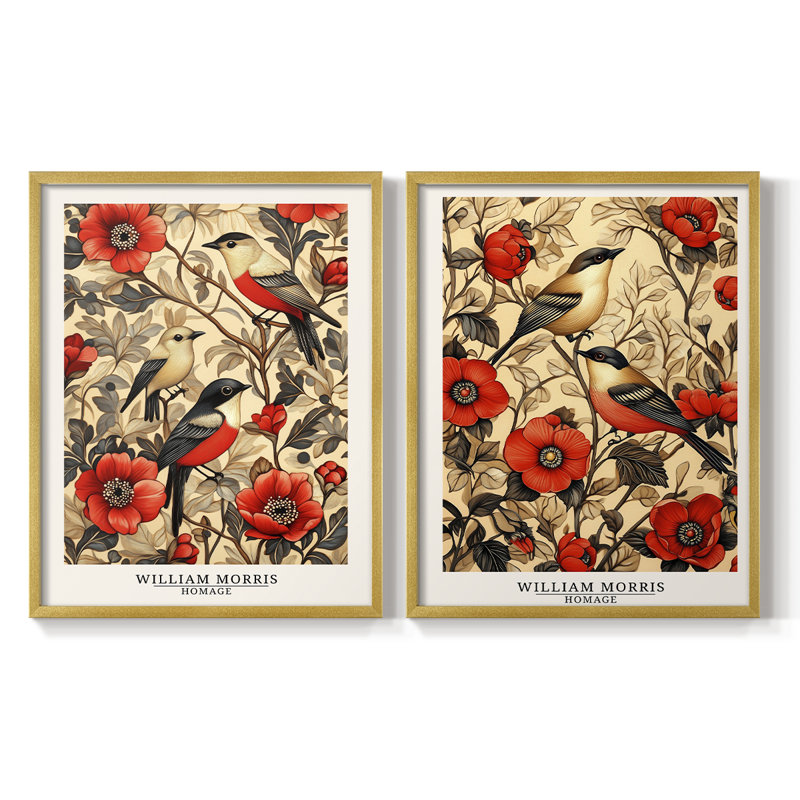 WM MORRIS Series LVII-Premium Framed Print -Ready to Hang - No Nails Required - No Nails Required, 11" H x 18" W, Gold