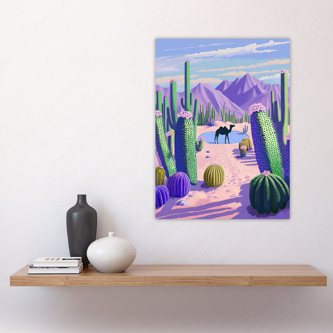 Desert Oasis Cacti Camel Purple Landscape Wall Art Print