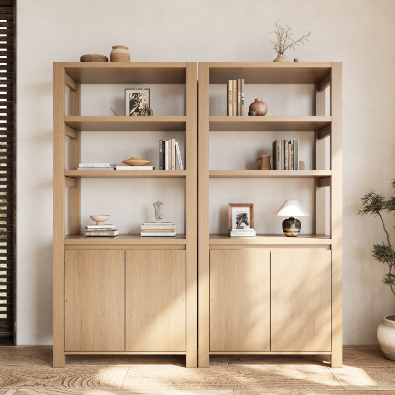  67''H X 31.5"W Wooden Tall Bookcase with 2-Door Storage Cabinet,Modern Minimalist Open Shelf Bookcase, Brown
