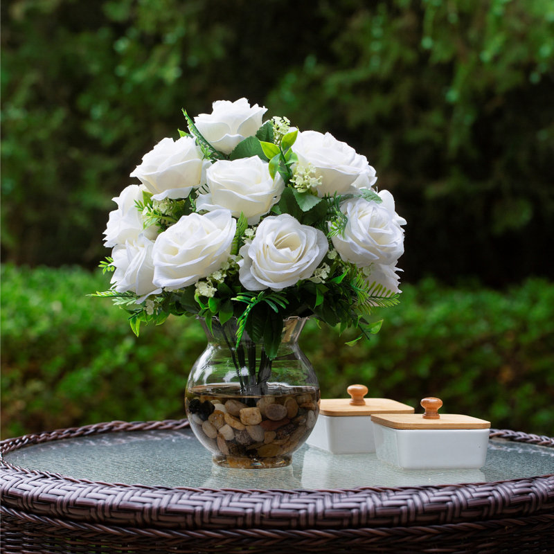 Silk Rose Arrangement in Vase, Cream