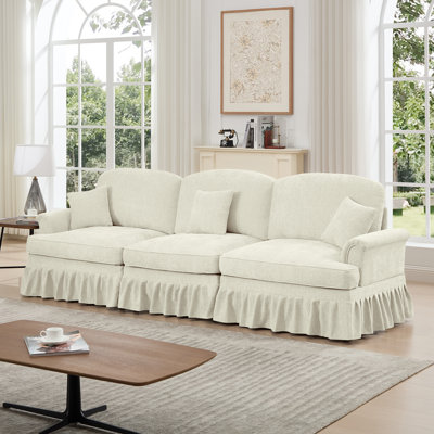 Elegant Oversized Large Mid-Century 3-Seat Loveseat Sofa - Detachable Skirt 2-in-1 Design Chenille Couch with Spindle Legs